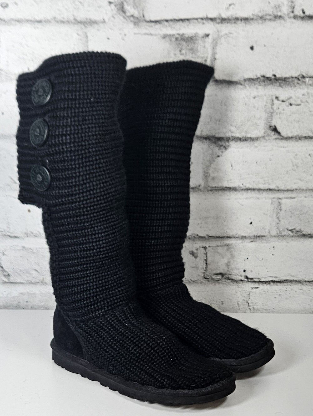 UGG Australia Black Knit Tall Boots Womens Approx Size 9 Button Winter